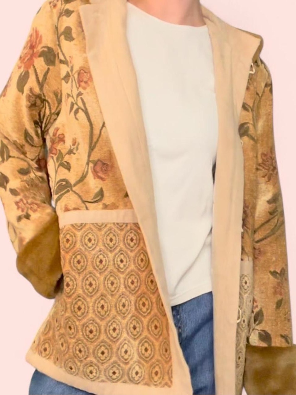 Vintage 90s floral tapestry coat with faux fur accents